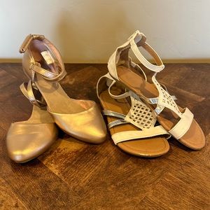 2 pairs girls dress shoes - gold ballet flats and white/silver open toe sandal!